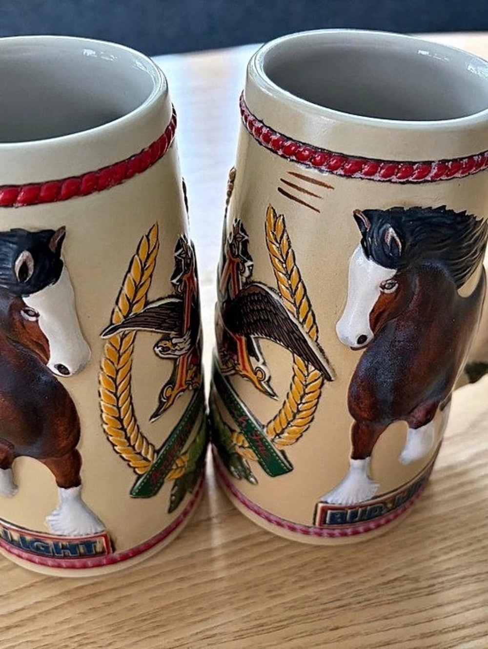 Bud Light Clydesdale and Eagle Ceramic Beer Stein Set of 2 Cream & Brown